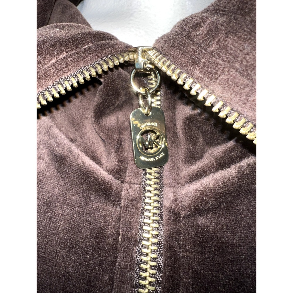 Michael Kors Womens Brown Velour Full Zip Funnel Neck Track Jacket Large MK Logo - Picture 4 of 7